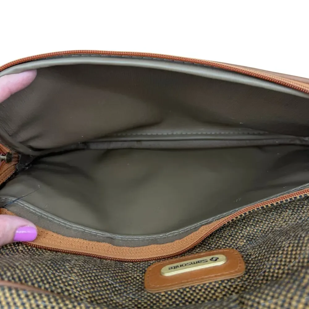 Vtg 70s Samsonite Tweed Woven Brown Carry On Travel Luggage Shoulder Strap Bag